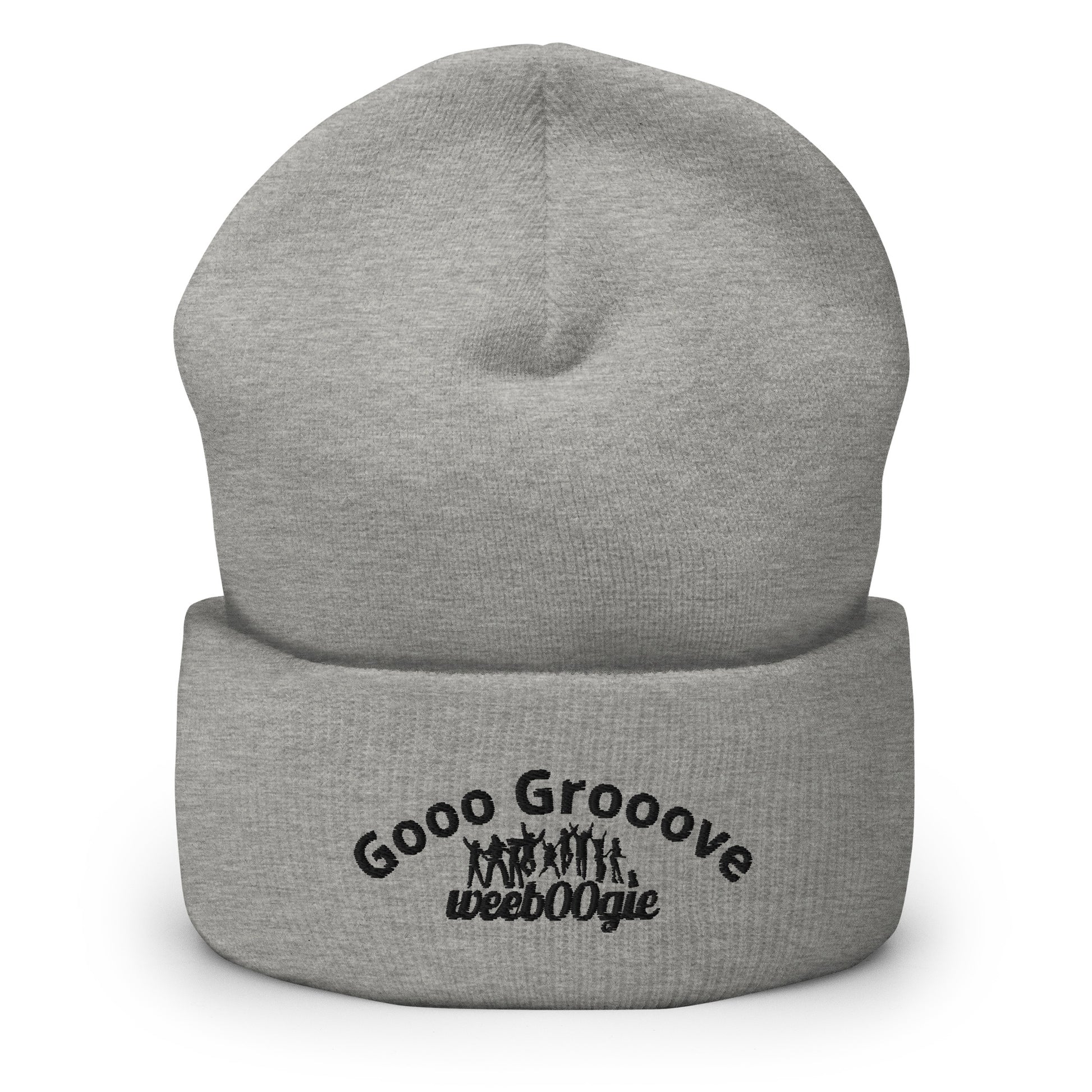 Gooo Grooove Cuffed Beanie in Heather Grey - stylish winter hat with wee b00gie logo - snug form-fitting knit beanie for dancers and festival-goers - warm headwear for cool weather dancing and outdoor events - versatile grey color for everyday wear.