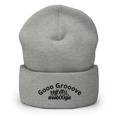 Gooo Grooove Cuffed Beanie in Heather Grey - stylish winter hat with wee b00gie logo - snug form-fitting knit beanie for dancers and festival-goers - warm headwear for cool weather dancing and outdoor events - versatile grey color for everyday wear.