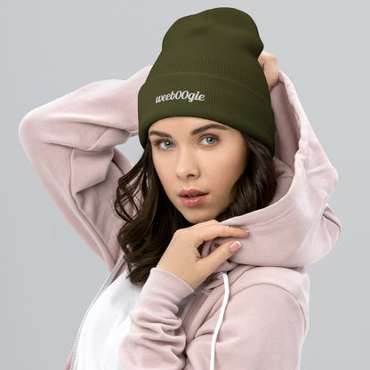 Cuffed Beanie - 100% Acrylic Knit with Embroidered Logo in Olive - Snug Form-Fitting Design with Folded Cuff - Perfect for Winter Weather, Outdoor Activities and Casual Style - wee b00gie store