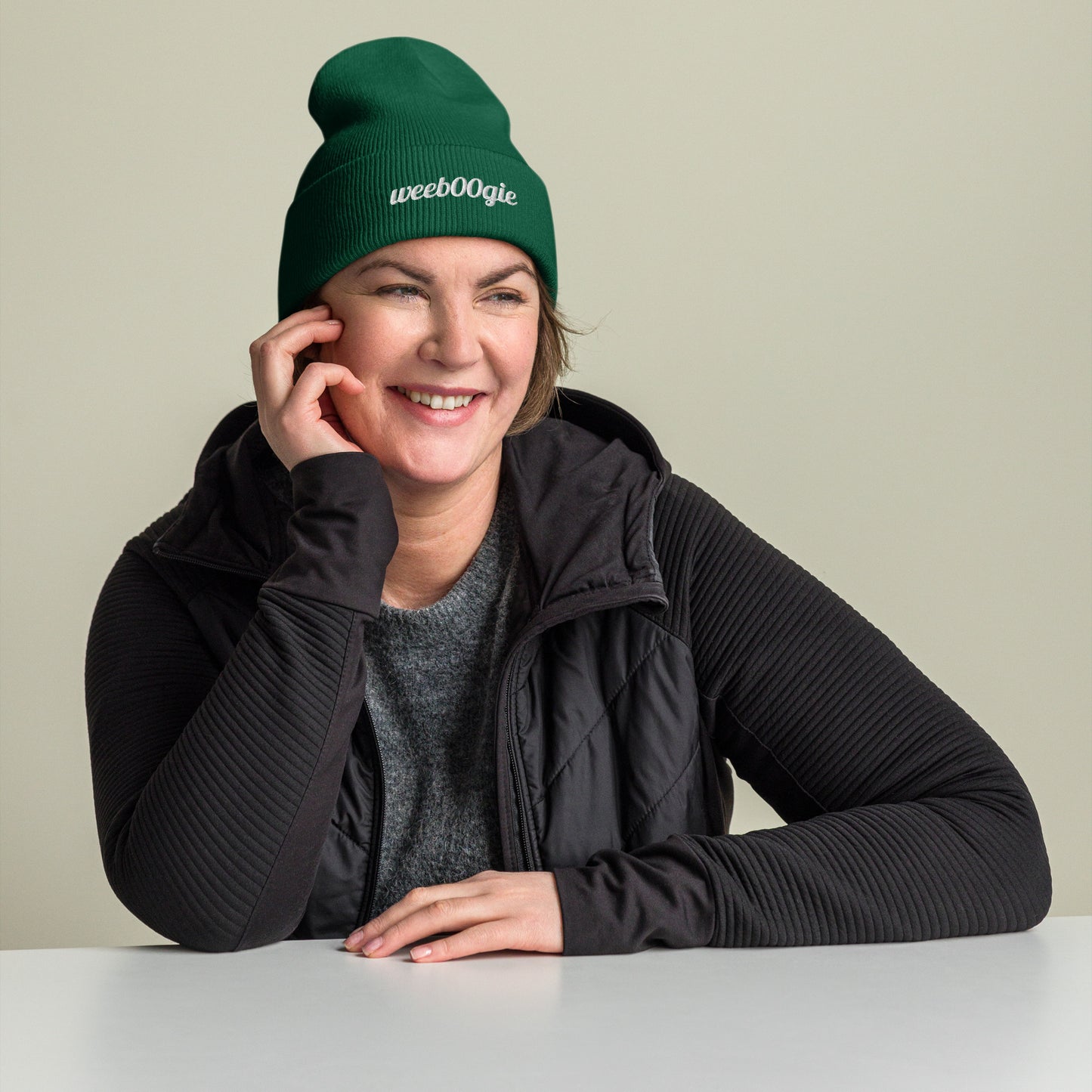 Cuffed Beanie - 100% Acrylic Knit with Embroidered Logo in Spruce Green - Snug Form-Fitting Design with Folded Cuff - Perfect for Winter Weather, Outdoor Activities and Casual Style - wee b00gie store