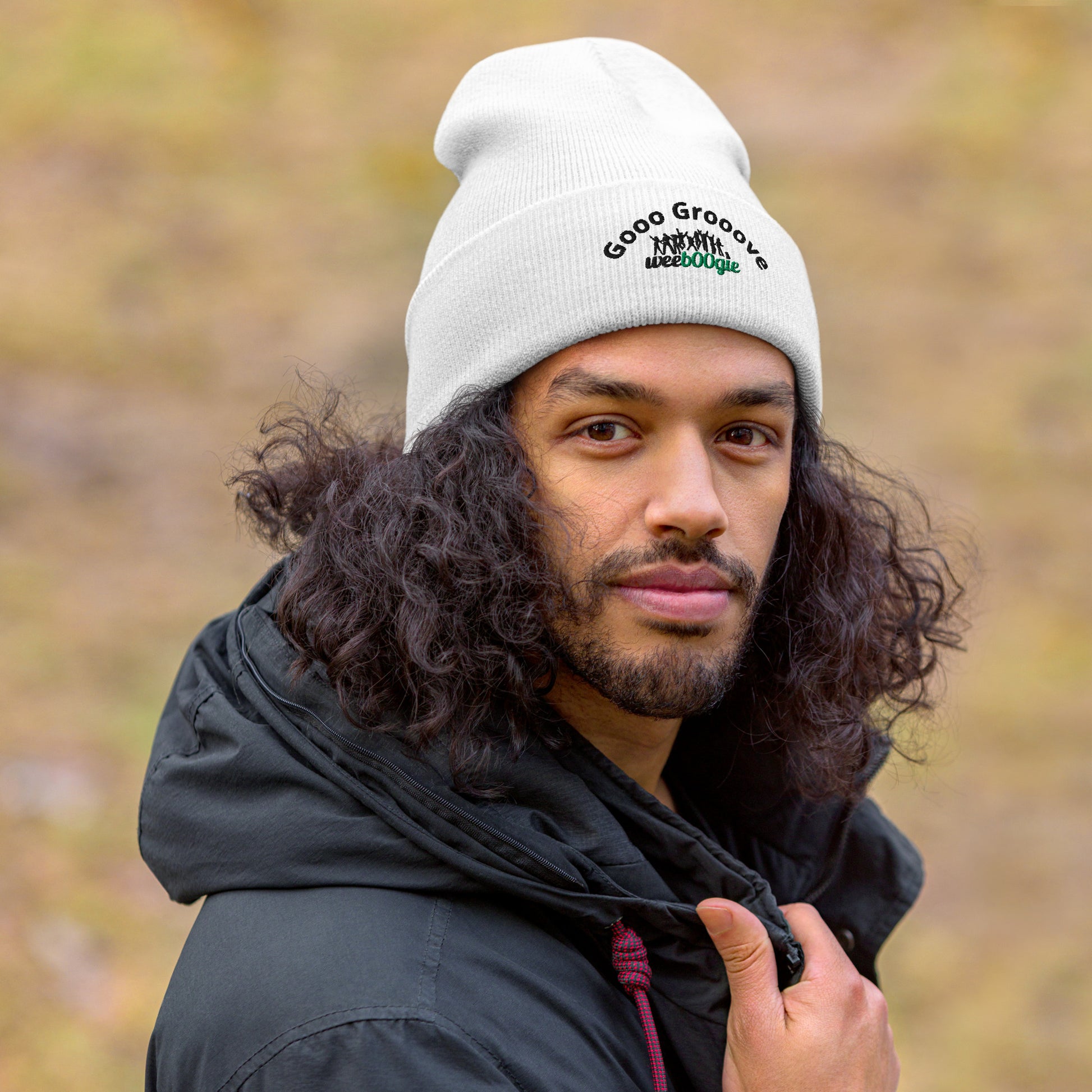 Gooo Grooove Cuffed Beanie in White - stylish winter hat with black and green logo - snug form-fitting knit beanie for dancers and festival-goers - warm headwear for cool weather dancing and outdoor events - wee b00gie store.