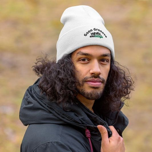 Gooo Grooove Cuffed Beanie in White - stylish winter hat with black and green logo - snug form-fitting knit beanie for dancers and festival-goers - warm headwear for cool weather dancing and outdoor events - wee b00gie store.