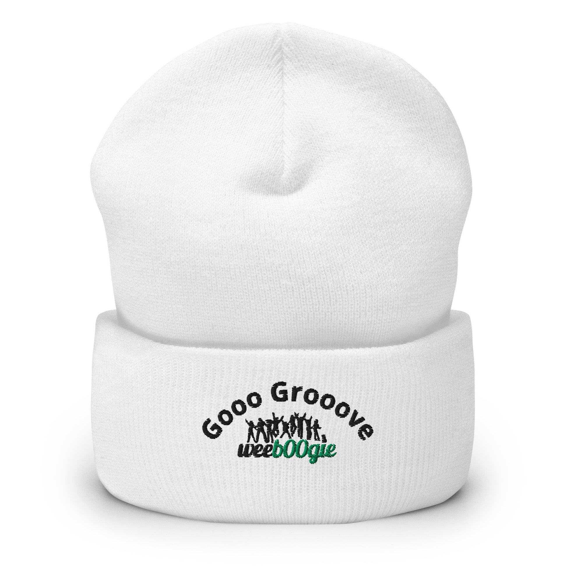 Gooo Grooove Cuffed Beanie in White - stylish winter hat with black and green logo - snug form-fitting knit beanie for dancers and festival-goers - warm headwear for cool weather dancing and outdoor events - wee b00gie store.