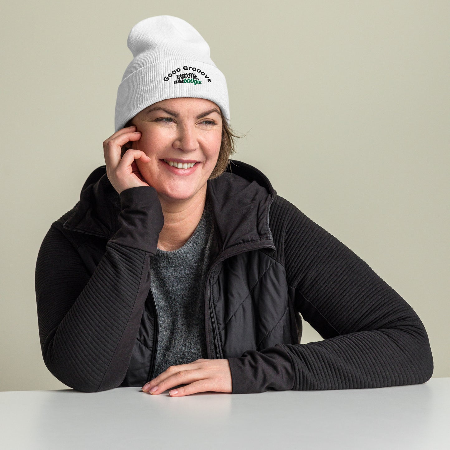 Gooo Grooove Cuffed Beanie in White - stylish winter hat with black and green logo - snug form-fitting knit beanie for dancers and festival-goers - warm headwear for cool weather dancing and outdoor events - wee b00gie store.