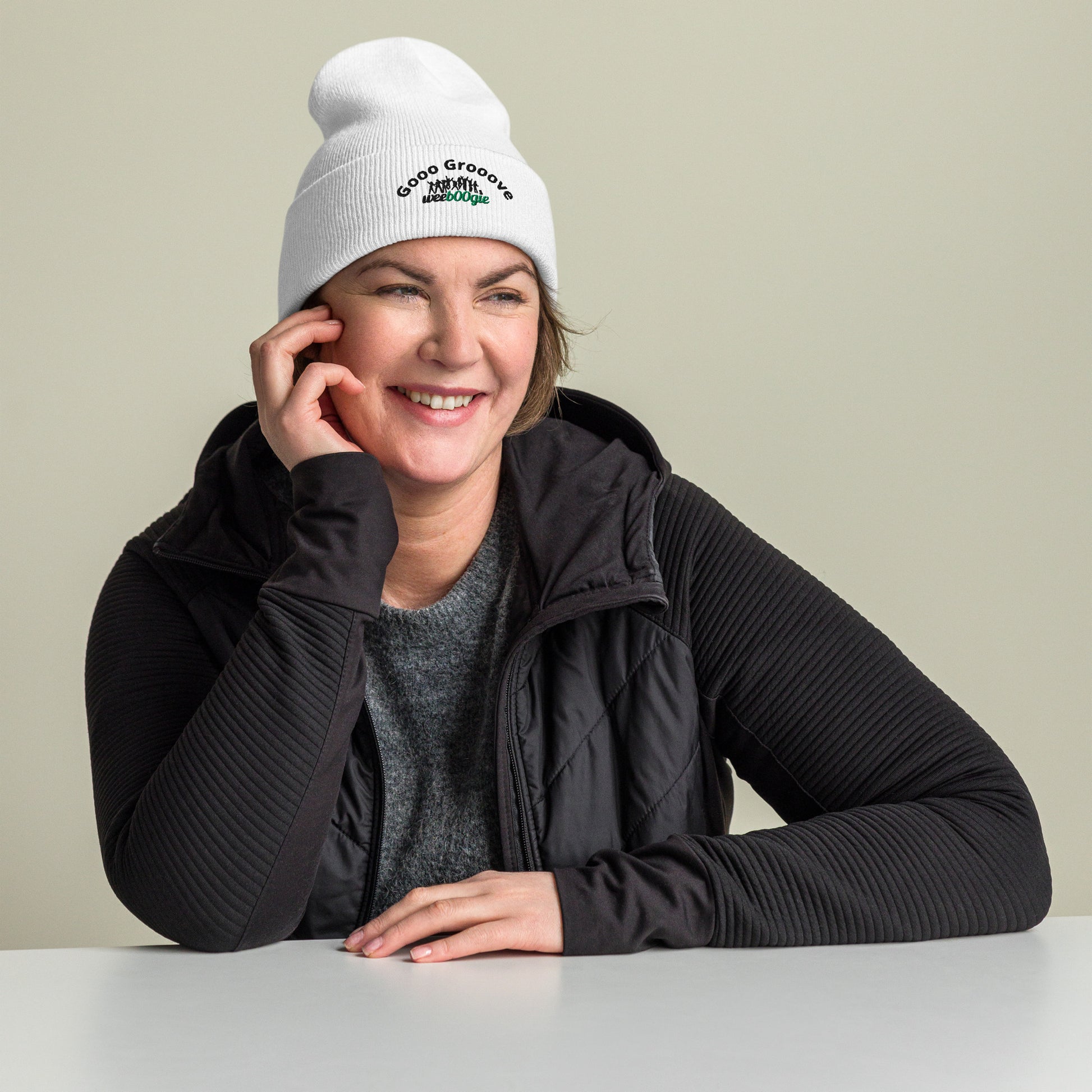 Gooo Grooove Cuffed Beanie in White - stylish winter hat with black and green logo - snug form-fitting knit beanie for dancers and festival-goers - warm headwear for cool weather dancing and outdoor events - wee b00gie store.