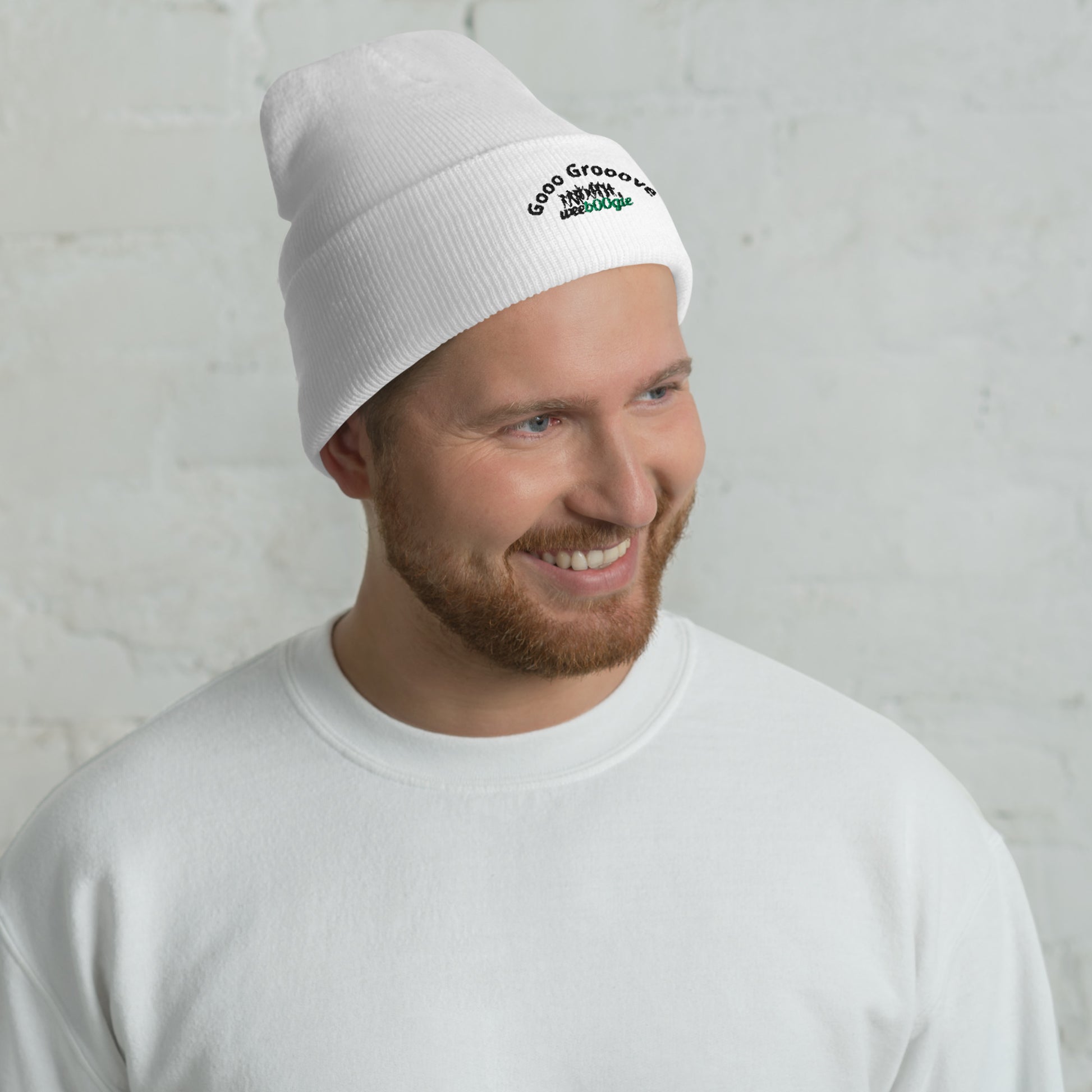 Gooo Grooove Cuffed Beanie in White - stylish winter hat with black and green logo - snug form-fitting knit beanie for dancers and festival-goers - warm headwear for cool weather dancing and outdoor events - wee b00gie store.