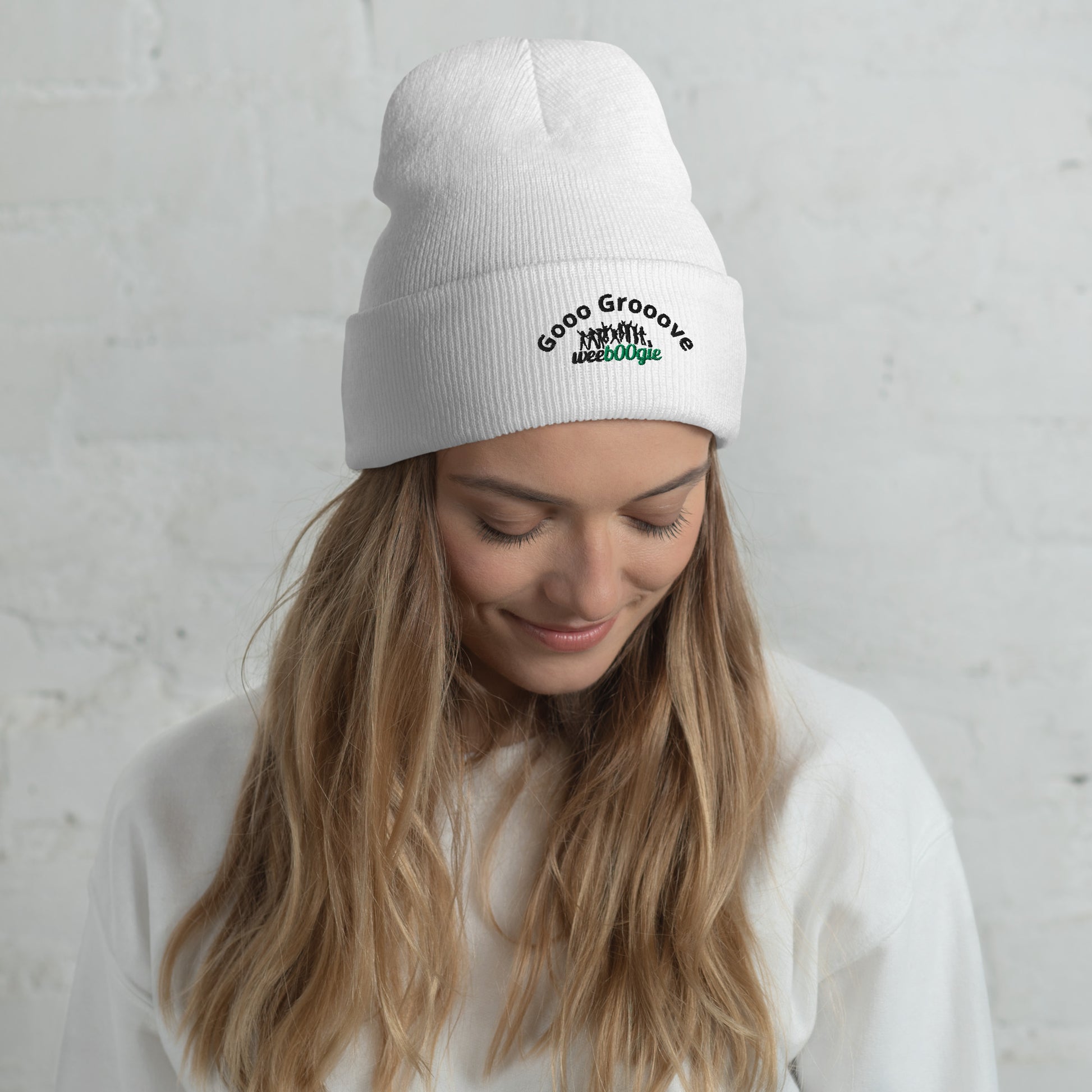 Gooo Grooove Cuffed Beanie in White - stylish winter hat with black and green logo - snug form-fitting knit beanie for dancers and festival-goers - warm headwear for cool weather dancing and outdoor events - wee b00gie store.