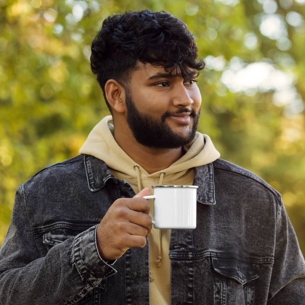 Just Jammin' Enamel Mug featuring guitar design - durable lightweight camping mug for musicians and festival-goers - perfect for outdoor adventures and campfires - ideal gift for guitar players and music lovers - wee b00gie store.