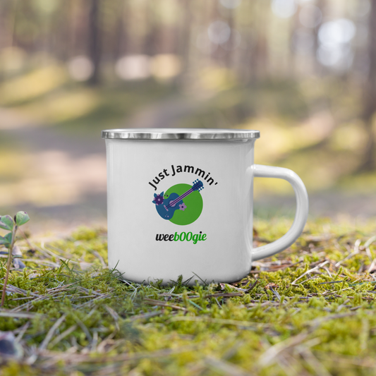 Just Jammin' Enamel Mug featuring guitar design - durable lightweight camping mug for musicians and festival-goers - perfect for outdoor adventures and campfires - ideal gift for guitar players and music lovers - wee b00gie store.
