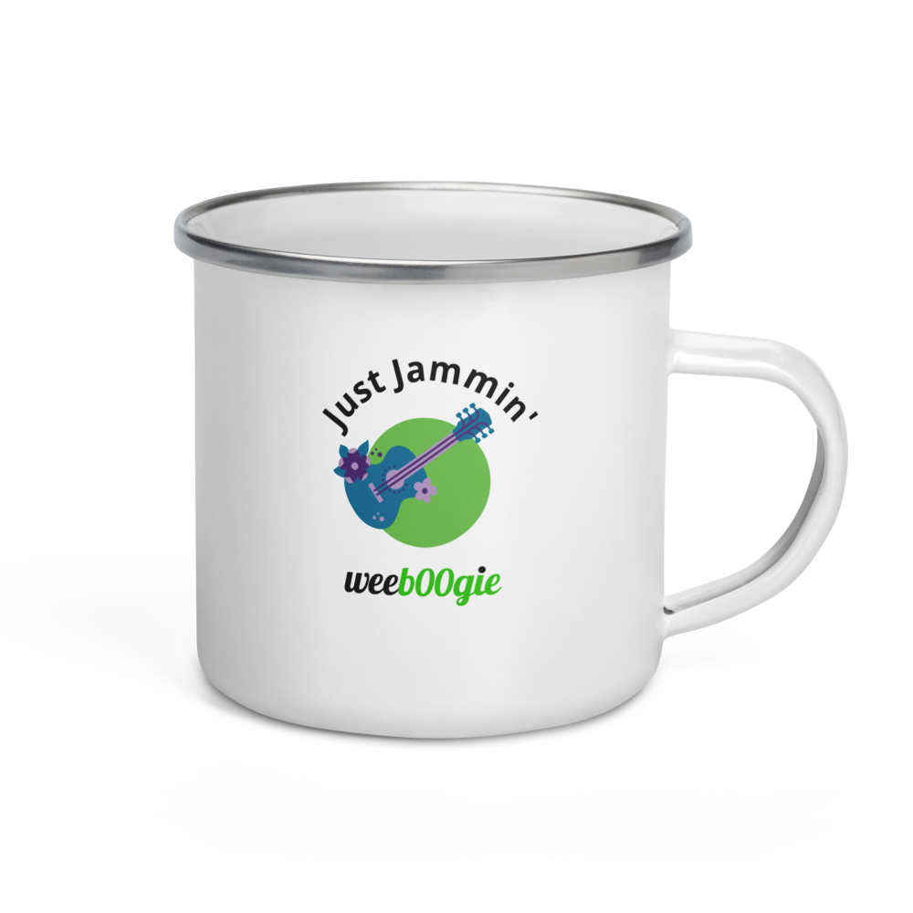 Just Jammin' Enamel Mug featuring guitar design - durable lightweight camping mug for musicians and festival-goers - perfect for outdoor adventures and campfires - ideal gift for guitar players and music lovers - wee b00gie store.