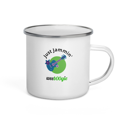 Just Jammin' Enamel Mug featuring guitar design - durable lightweight camping mug for musicians and festival-goers - perfect for outdoor adventures and campfires - ideal gift for guitar players and music lovers - wee b00gie store.
