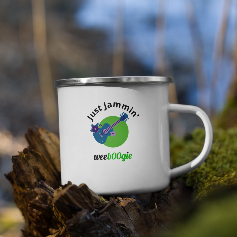 Just Jammin' Enamel Mug featuring guitar design - durable lightweight camping mug for musicians and festival-goers - perfect for outdoor adventures and campfires - ideal gift for guitar players and music lovers - wee b00gie store.