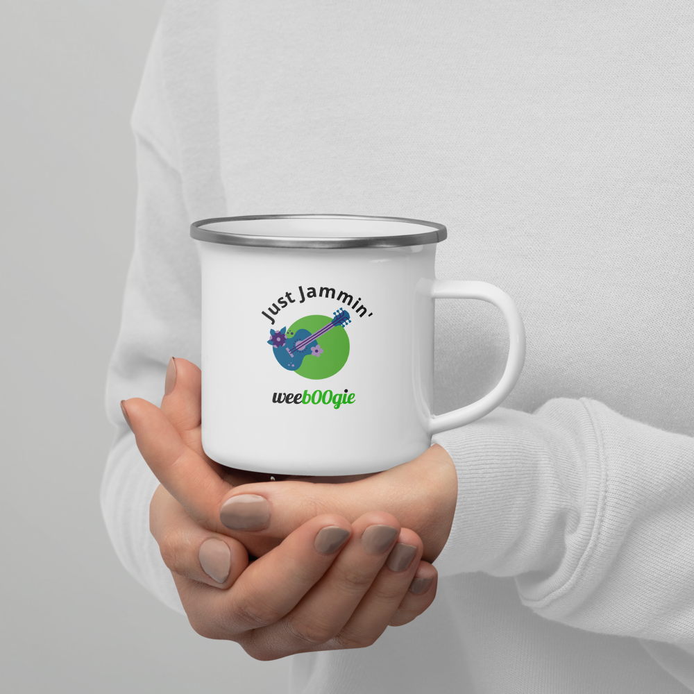 Just Jammin' Enamel Mug featuring guitar design - durable lightweight camping mug for musicians and festival-goers - perfect for outdoor adventures and campfires - ideal gift for guitar players and music lovers - wee b00gie store.