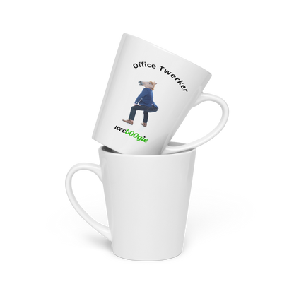 Office Twerker Horse Latte Mug featuring male office worker with horse mask twerking - funny workplace humor gift - microwave and dishwasher safe ceramic coffee cup - perfect for coworkers with playful sense of humor - wee b00gie store.