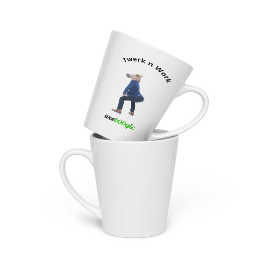 Twerk n Work Latte Mug featuring office worker in horse mask twerking - funny workplace humor gift - microwave and dishwasher safe ceramic coffee cup - perfect for coworkers with wild sense of humor - wee b00gie store.