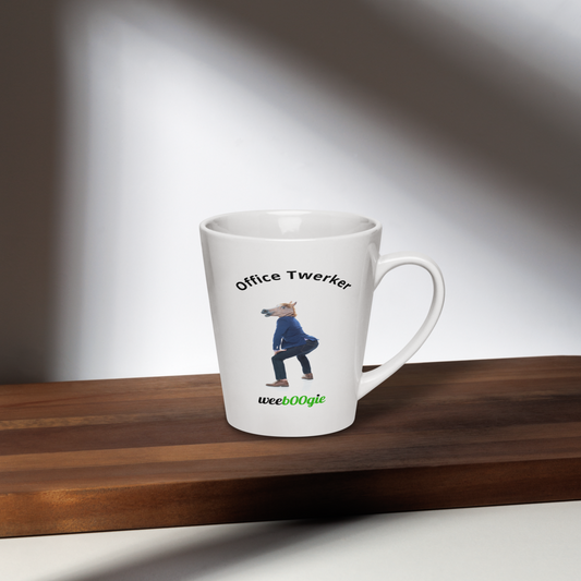 Office Twerker Horse Latte Mug featuring male office worker with horse mask twerking - funny workplace humor gift - microwave and dishwasher safe ceramic coffee cup - perfect for coworkers with playful sense of humor - wee b00gie store.