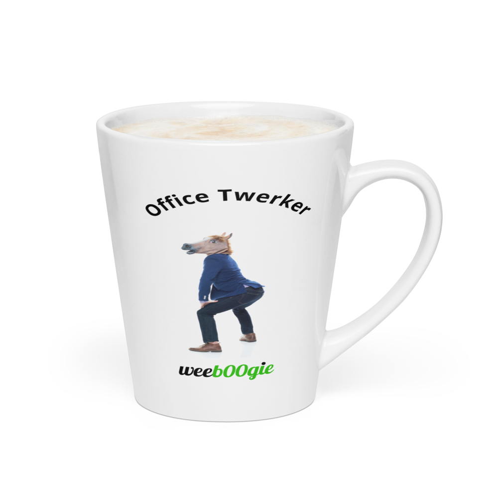 Office Twerker Horse Latte Mug featuring male office worker with horse mask twerking - funny workplace humor gift - microwave and dishwasher safe ceramic coffee cup - perfect for coworkers with playful sense of humor - wee b00gie store.