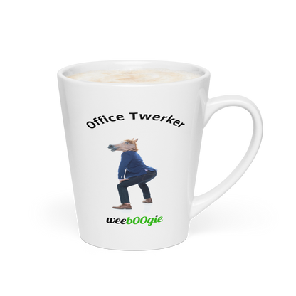Office Twerker Horse Latte Mug featuring male office worker with horse mask twerking - funny workplace humor gift - microwave and dishwasher safe ceramic coffee cup - perfect for coworkers with playful sense of humor - wee b00gie store.