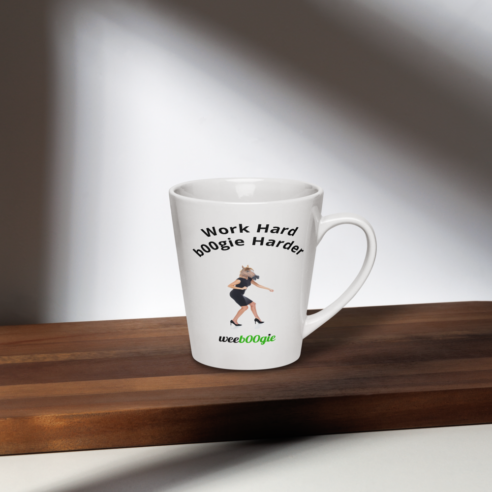 Work Hard b00gie Harder Latte Mug featuring female office worker with horse mask dancing - funny workplace humor gift for women - microwave and dishwasher safe ceramic coffee cup - perfect for coworkers who love to dance - wee b00gie store.