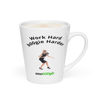 Work Hard b00gie Harder Latte Mug featuring female office worker with horse mask dancing - funny workplace humor gift for women - microwave and dishwasher safe ceramic coffee cup - perfect for coworkers who love to dance - wee b00gie store.