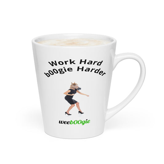 Work Hard b00gie Harder Latte Mug featuring female office worker with horse mask dancing - funny workplace humor gift for women - microwave and dishwasher safe ceramic coffee cup - perfect for coworkers who love to dance - wee b00gie store.