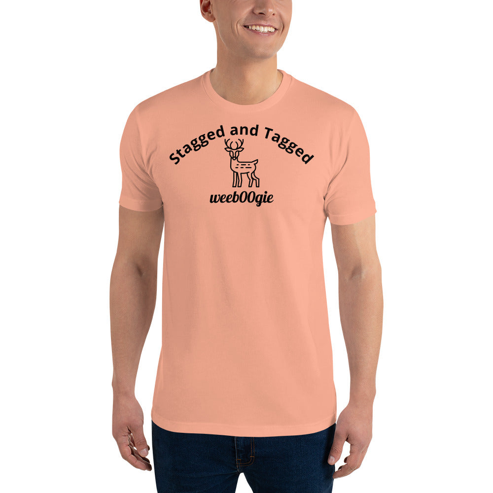 Stagged and Tagged Stag Edition Short Sleeve Fitted T-shirt featuring Stagged and Tagged Text, Stag Vector Image and wee b00gie Logo - Premium Cotton Blend with Classic Fit - Comfortable Fitted Design with Short Sleeves - Perfect for Grooms-to-be, Stag Parties and Bachelor Events - wee b00gie store