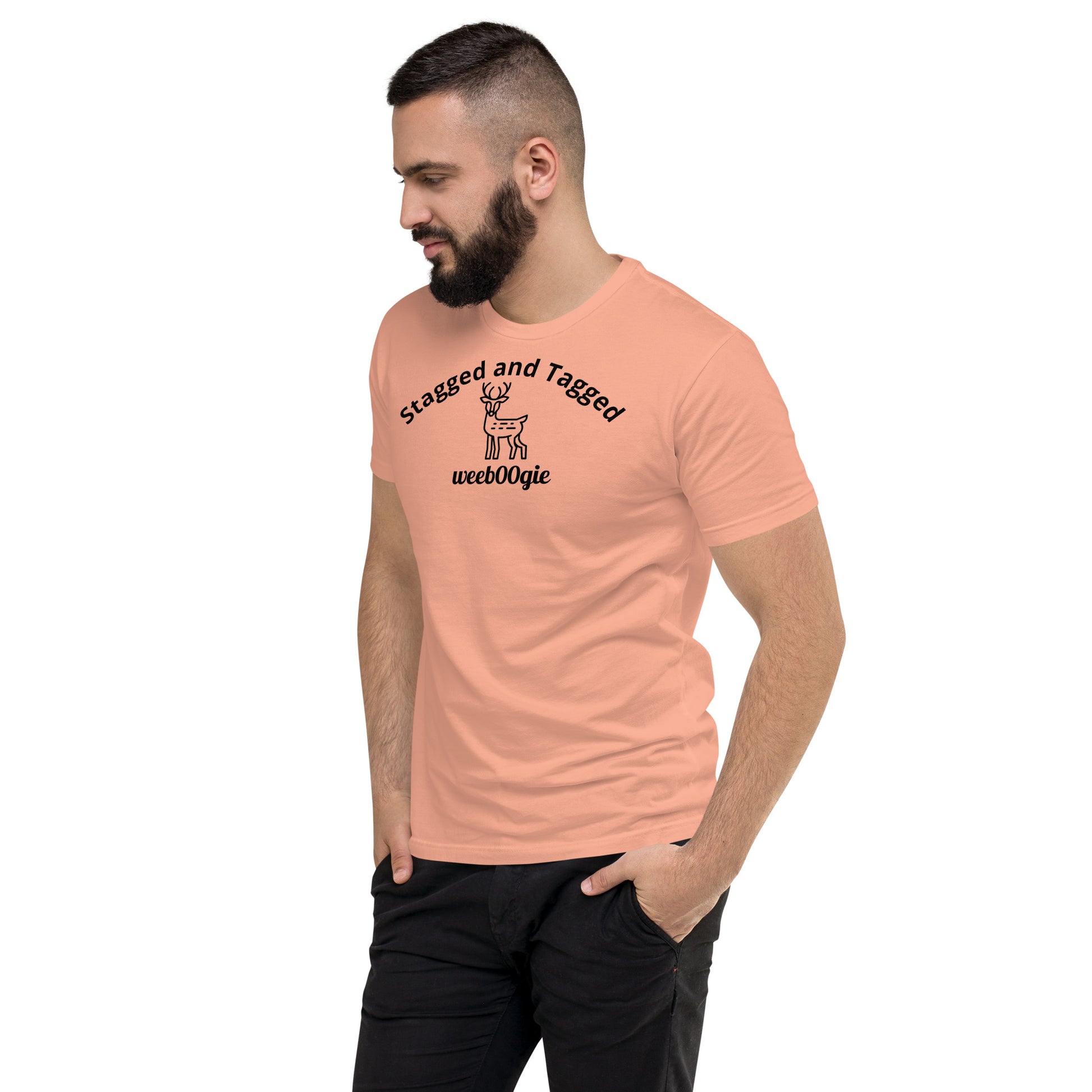 Stagged and Tagged Stag Edition Short Sleeve Fitted T-shirt featuring Stagged and Tagged Text, Stag Vector Image and wee b00gie Logo - Premium Cotton Blend with Classic Fit - Comfortable Fitted Design with Short Sleeves - Perfect for Grooms-to-be, Stag Parties and Bachelor Events - wee b00gie store