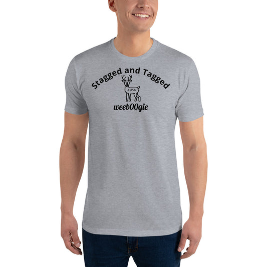 Stagged and Tagged Stag Edition Short Sleeve Fitted T-shirt featuring Stagged and Tagged Text, Stag Vector Image and wee b00gie Logo - Premium Cotton Blend with Classic Fit - Comfortable Fitted Design with Short Sleeves - Perfect for Grooms-to-be, Stag Parties and Bachelor Events - wee b00gie store