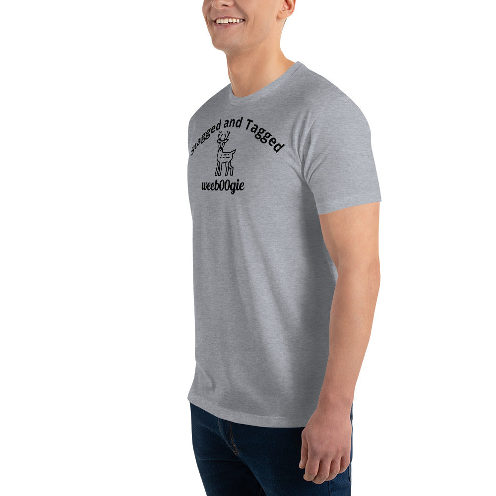Stagged and Tagged Stag Edition Short Sleeve Fitted T-shirt featuring Stagged and Tagged Text, Stag Vector Image and wee b00gie Logo - Premium Cotton Blend with Classic Fit - Comfortable Fitted Design with Short Sleeves - Perfect for Grooms-to-be, Stag Parties and Bachelor Events - wee b00gie store