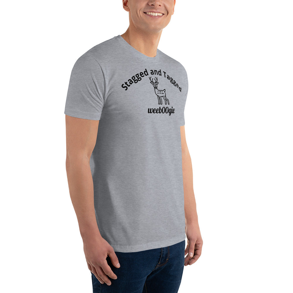 Stagged and Tagged Stag Edition Short Sleeve Fitted T-shirt featuring Stagged and Tagged Text, Stag Vector Image and wee b00gie Logo - Premium Cotton Blend with Classic Fit - Comfortable Fitted Design with Short Sleeves - Perfect for Grooms-to-be, Stag Parties and Bachelor Events - wee b00gie store