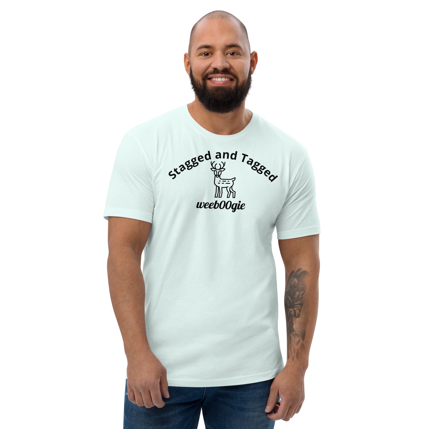 Stagged and Tagged Stag Edition Short Sleeve Fitted T-shirt featuring Stagged and Tagged Text, Stag Vector Image and wee b00gie Logo - Premium Cotton Blend with Classic Fit - Comfortable Fitted Design with Short Sleeves - Perfect for Grooms-to-be, Stag Parties and Bachelor Events - wee b00gie store