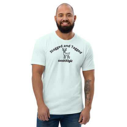 Stagged and Tagged Stag Edition Short Sleeve Fitted T-shirt featuring Stagged and Tagged Text, Stag Vector Image and wee b00gie Logo - Premium Cotton Blend with Classic Fit - Comfortable Fitted Design with Short Sleeves - Perfect for Grooms-to-be, Stag Parties and Bachelor Events - wee b00gie store