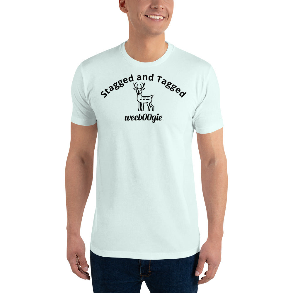 Stagged and Tagged Stag Edition Short Sleeve Fitted T-shirt featuring Stagged and Tagged Text, Stag Vector Image and wee b00gie Logo - Premium Cotton Blend with Classic Fit - Comfortable Fitted Design with Short Sleeves - Perfect for Grooms-to-be, Stag Parties and Bachelor Events - wee b00gie store