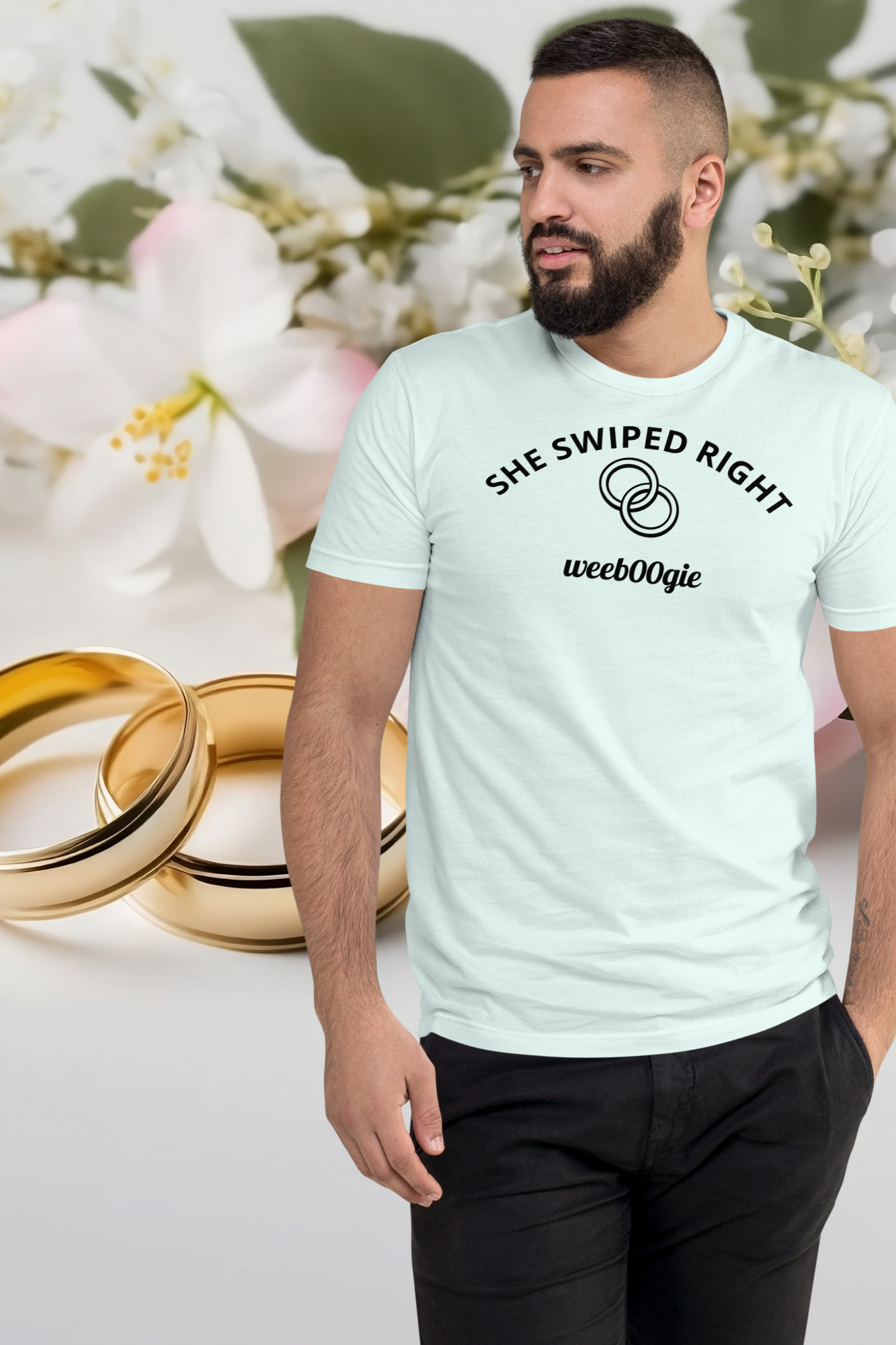 SHE SWIPED RIGHT Stag Edition Bachelor Party Fitted T-Shirt featuring SHE SWIPED RIGHT Text and Two Wedding Rings - Premium Cotton Blend with Classic Fit - Comfortable Fitted Design with Short Sleeves - Perfect for Stag Parties, Bachelor Events and Wedding Celebrations - wee b00gie store