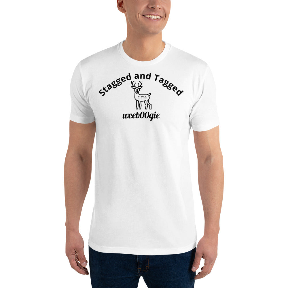 Stagged and Tagged Stag Edition Short Sleeve Fitted T-shirt featuring Stagged and Tagged Text, Stag Vector Image and wee b00gie Logo - Premium Cotton Blend with Classic Fit - Comfortable Fitted Design with Short Sleeves - Perfect for Grooms-to-be, Stag Parties and Bachelor Events - wee b00gie store