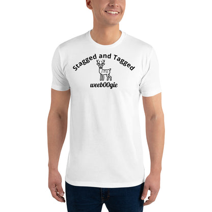 Stagged and Tagged Stag Edition Short Sleeve Fitted T-shirt featuring Stagged and Tagged Text, Stag Vector Image and wee b00gie Logo - Premium Cotton Blend with Classic Fit - Comfortable Fitted Design with Short Sleeves - Perfect for Grooms-to-be, Stag Parties and Bachelor Events - wee b00gie store
