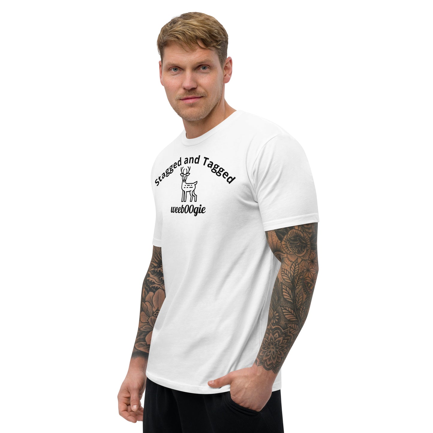 Stagged and Tagged Stag Edition Short Sleeve Fitted T-shirt featuring Stagged and Tagged Text, Stag Vector Image and wee b00gie Logo - Premium Cotton Blend with Classic Fit - Comfortable Fitted Design with Short Sleeves - Perfect for Grooms-to-be, Stag Parties and Bachelor Events - wee b00gie store
