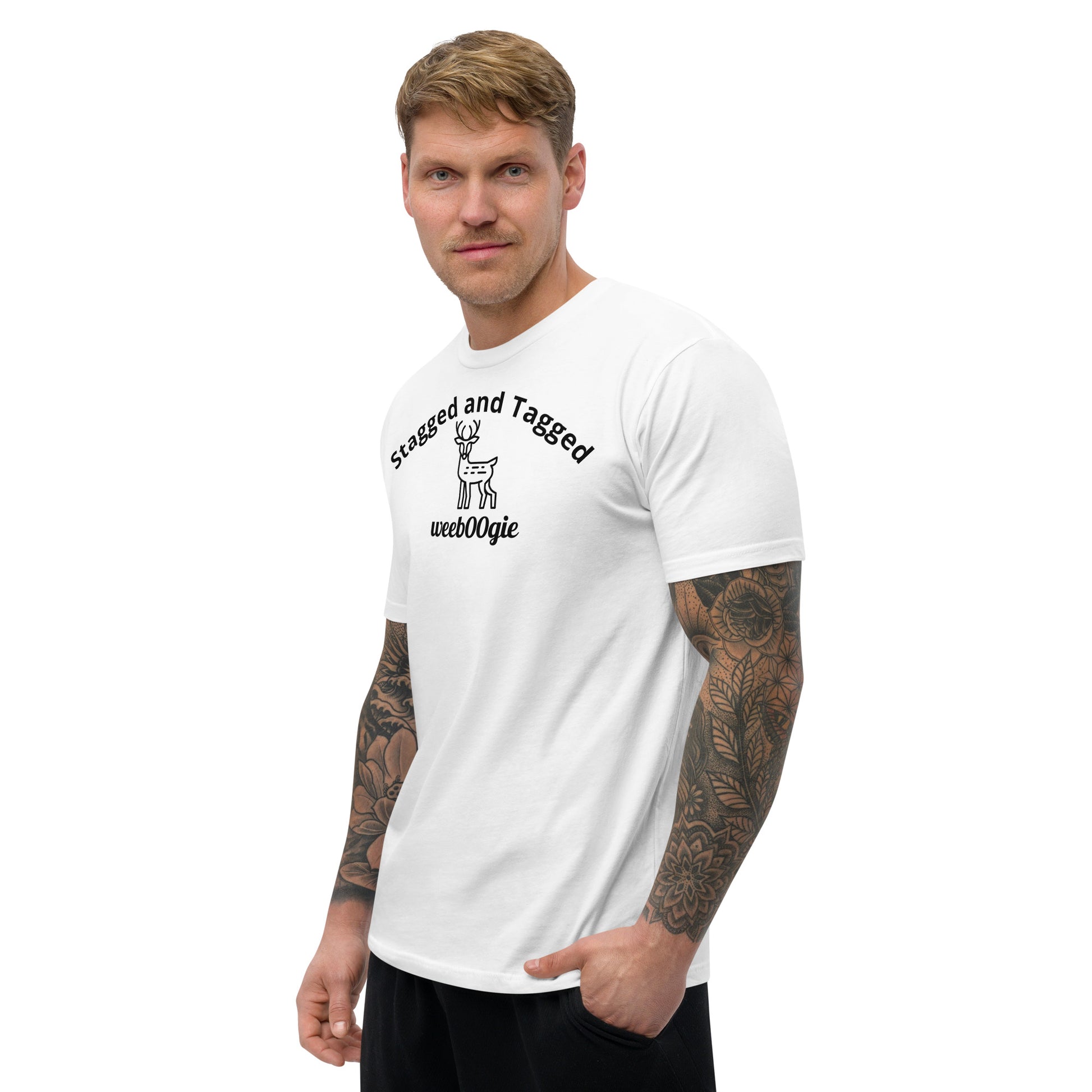 Stagged and Tagged Stag Edition Short Sleeve Fitted T-shirt featuring Stagged and Tagged Text, Stag Vector Image and wee b00gie Logo - Premium Cotton Blend with Classic Fit - Comfortable Fitted Design with Short Sleeves - Perfect for Grooms-to-be, Stag Parties and Bachelor Events - wee b00gie store