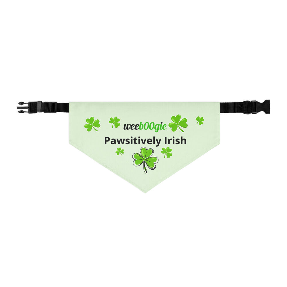 Medium Pet Bandana Collar with 'Pawsitively Irish' Design, Shamrocks, and wee b00gie Logo - Premium Quality Fabric - Adjustable Fit - Perfect for Dogs, Cats, and Pets Celebrating Irish Pride - wee b00gie store