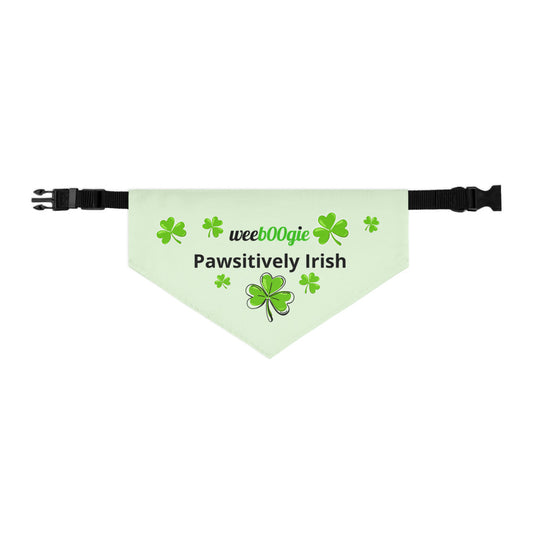 Medium Pet Bandana Collar with 'Pawsitively Irish' Design, Shamrocks, and wee b00gie Logo - Premium Quality Fabric - Adjustable Fit - Perfect for Dogs, Cats, and Pets Celebrating Irish Pride - wee b00gie store