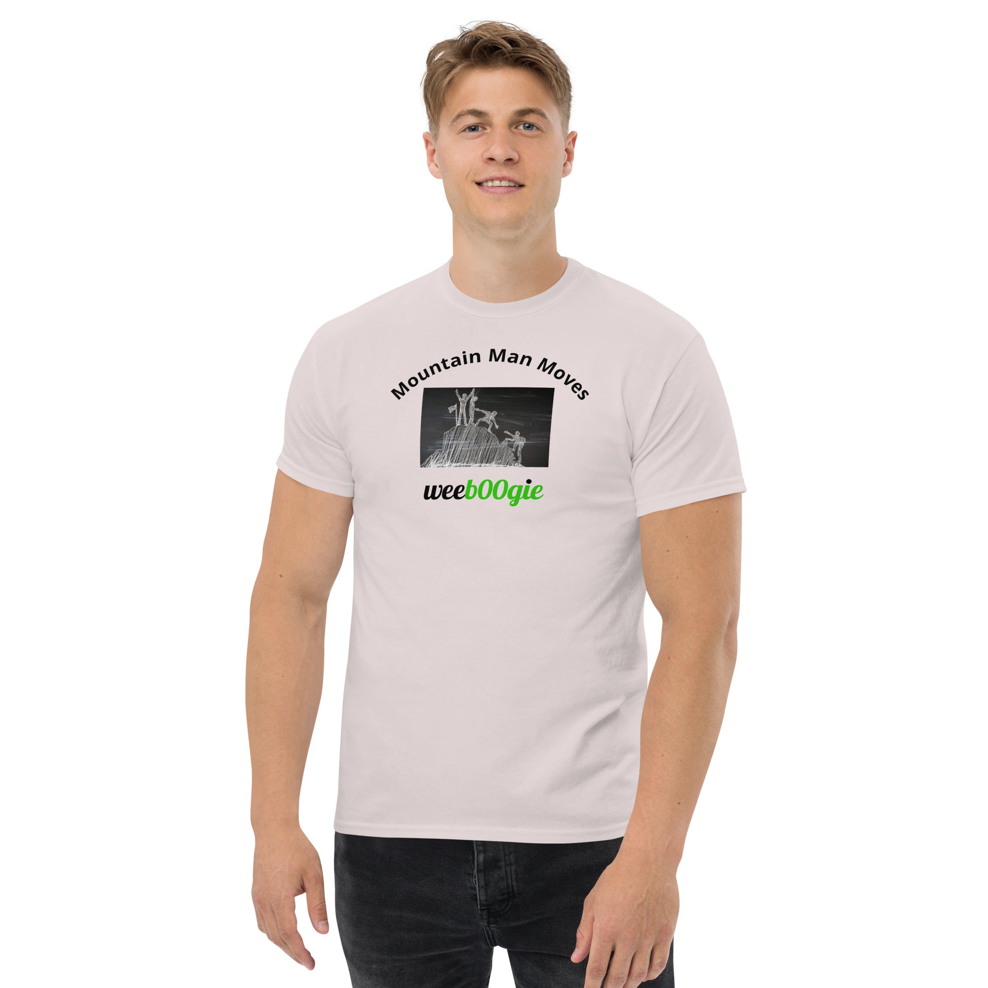 Unisex t-shirt with 'Mountain Man Moves' slogan, styled for outdoor adventures and dance challenges – set against a bold, mountainous backdrop.