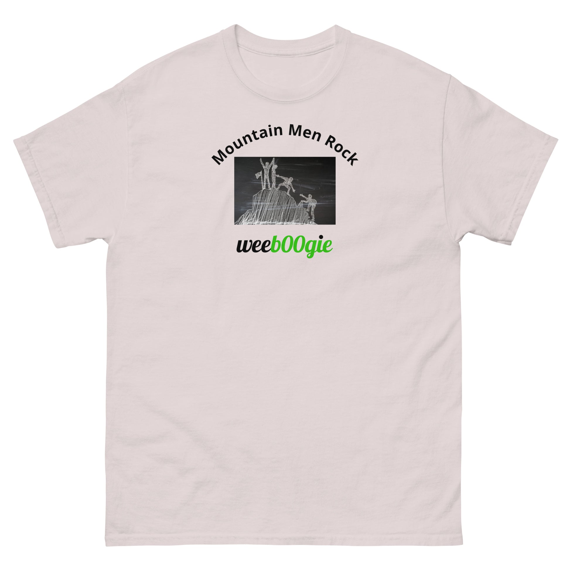 Unisex t-shirt with 'Mountain Men Rock' slogan, styled for outdoor adventures and dance challenges – set against a bold, mountainous backdrop.