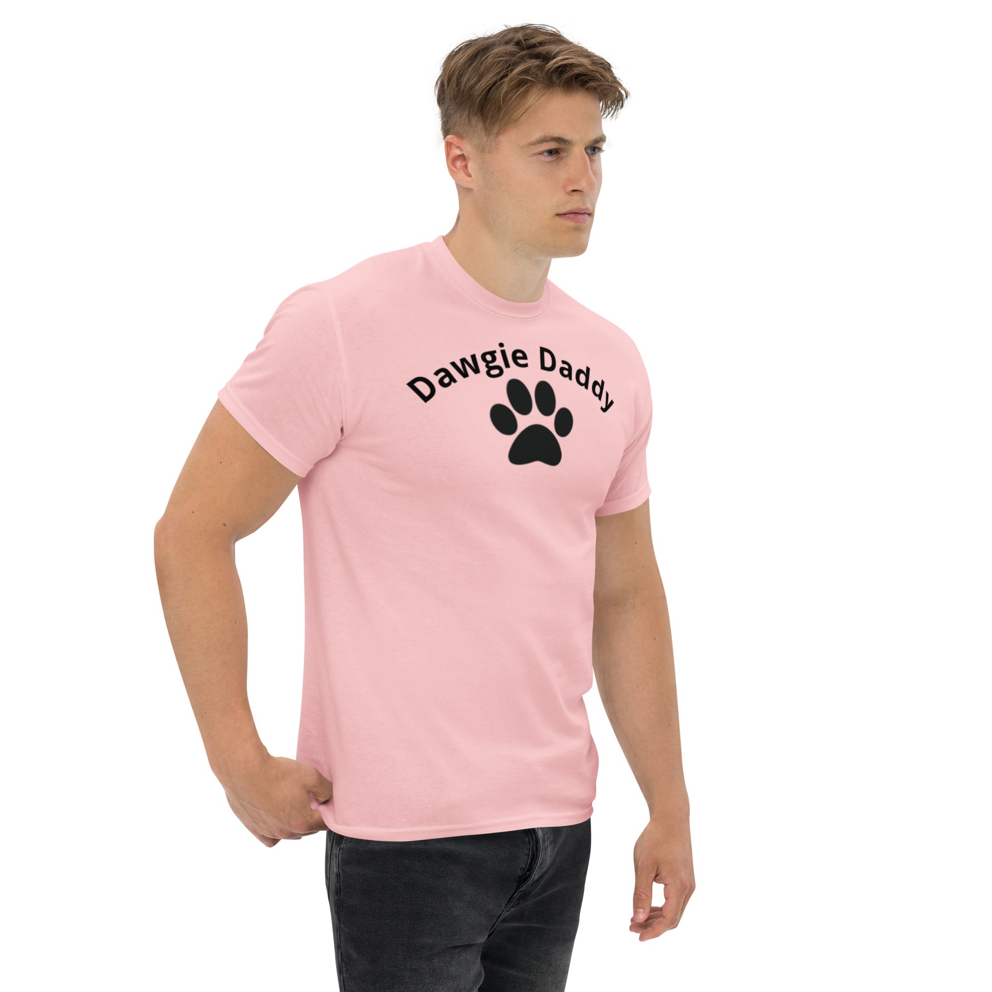 Unisex Classic Tee - Premium Cotton Blend with Classic Fit in Pink - Comfortable Regular Fit with Short Sleeves - Perfect for Dog Walks, Pet Parenting and Casual Wear featuring the words Dawgie Daddy and a Paw Print - wee b00gie store