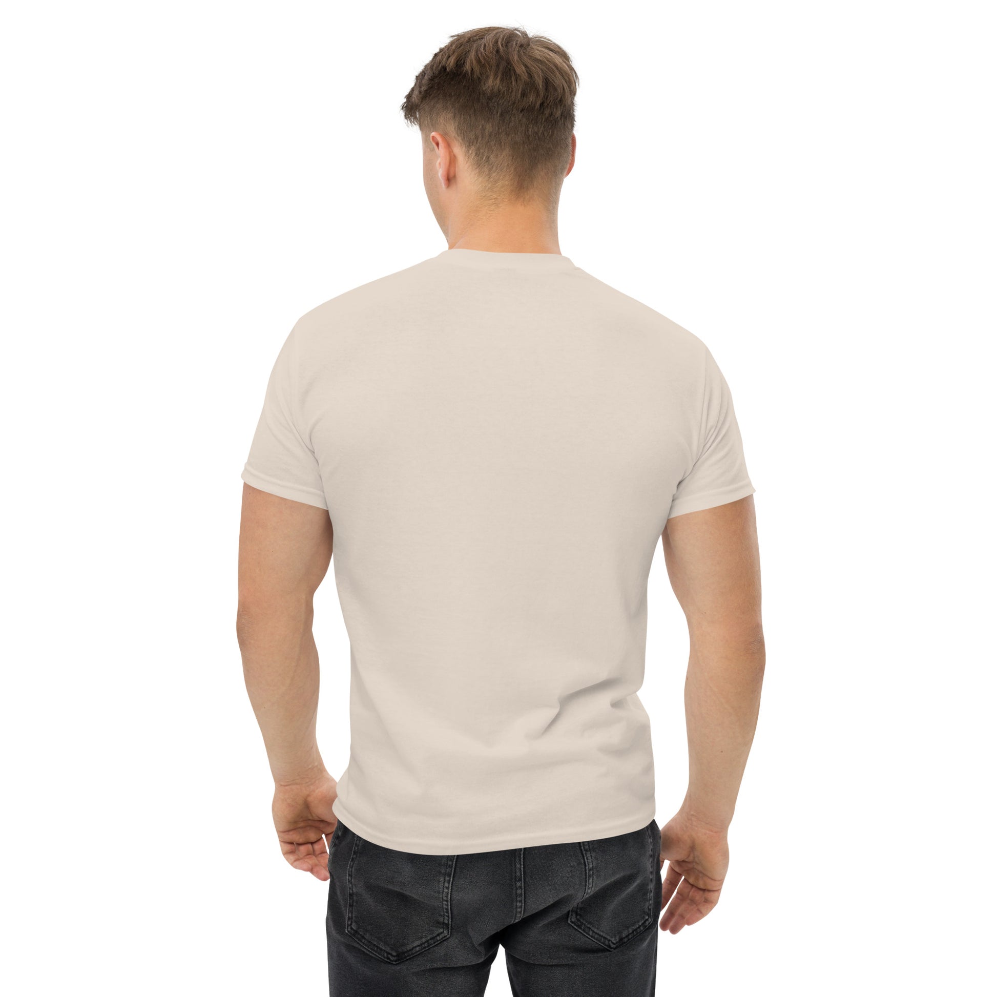Unisex t-shirt with 'Mountain Man Moves' slogan, styled for outdoor adventures and dance challenges – set against a bold, mountainous backdrop.