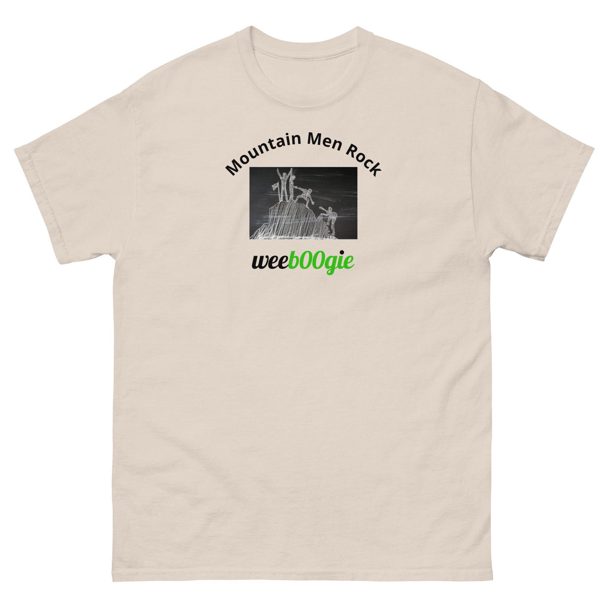 Unisex t-shirt with 'Mountain Men Rock' slogan, styled for outdoor adventures and dance challenges – set against a bold, mountainous backdrop.