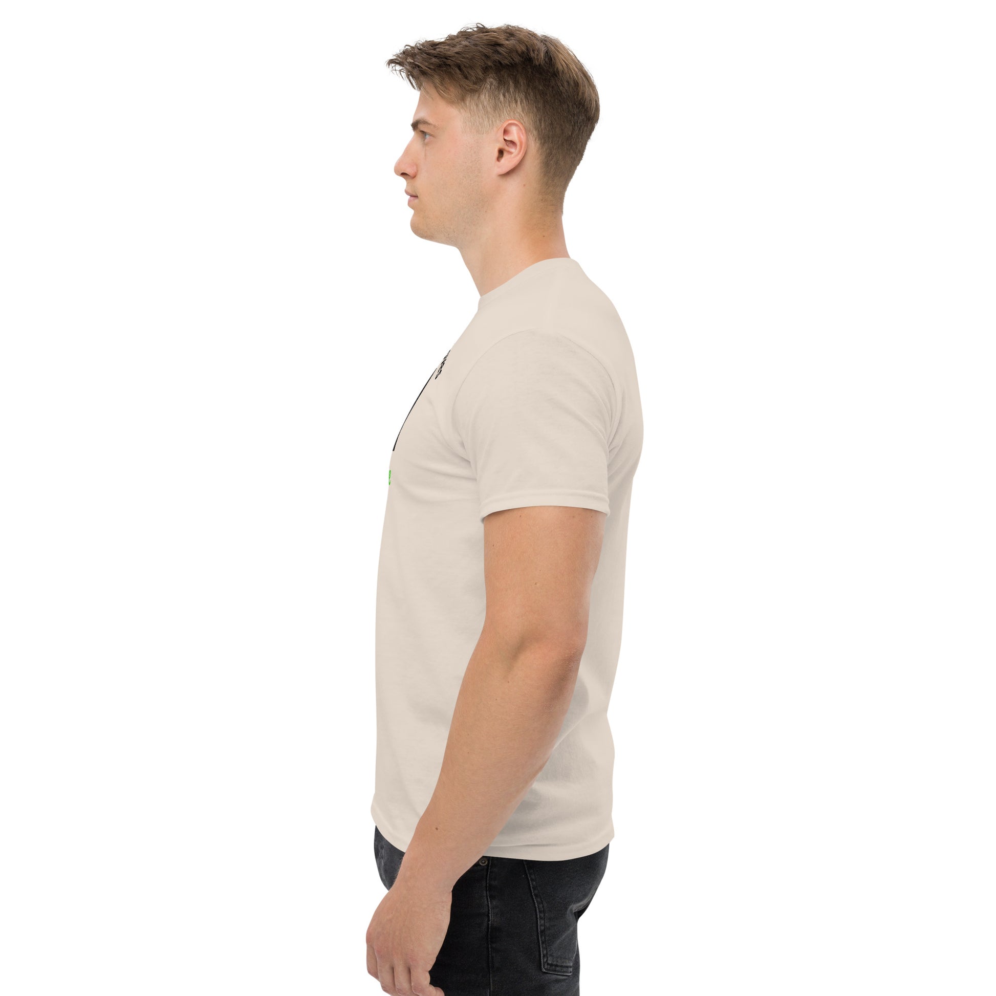Unisex t-shirt with 'Mountain Man Moves' slogan, styled for outdoor adventures and dance challenges – set against a bold, mountainous backdrop.