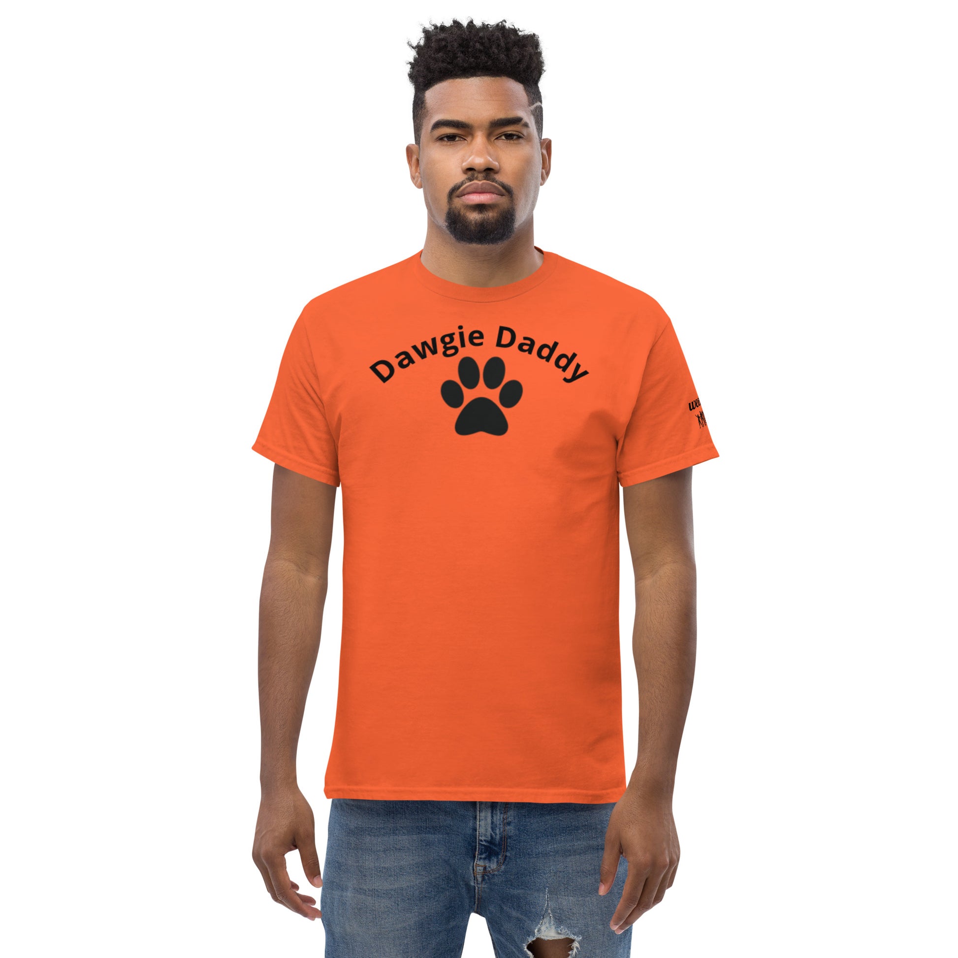 Unisex Classic Tee - Premium Cotton Blend with Classic Fit in Orange - Comfortable Regular Fit with Short Sleeves - Perfect for Dog Walks, Pet Parenting and Casual Wear featuring the words Dawgie Daddy and a Paw Print - wee b00gie store