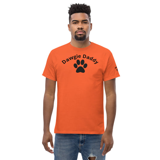 Unisex Classic Tee - Premium Cotton Blend with Classic Fit in Orange - Comfortable Regular Fit with Short Sleeves - Perfect for Dog Walks, Pet Parenting and Casual Wear featuring the words Dawgie Daddy and a Paw Print - wee b00gie store