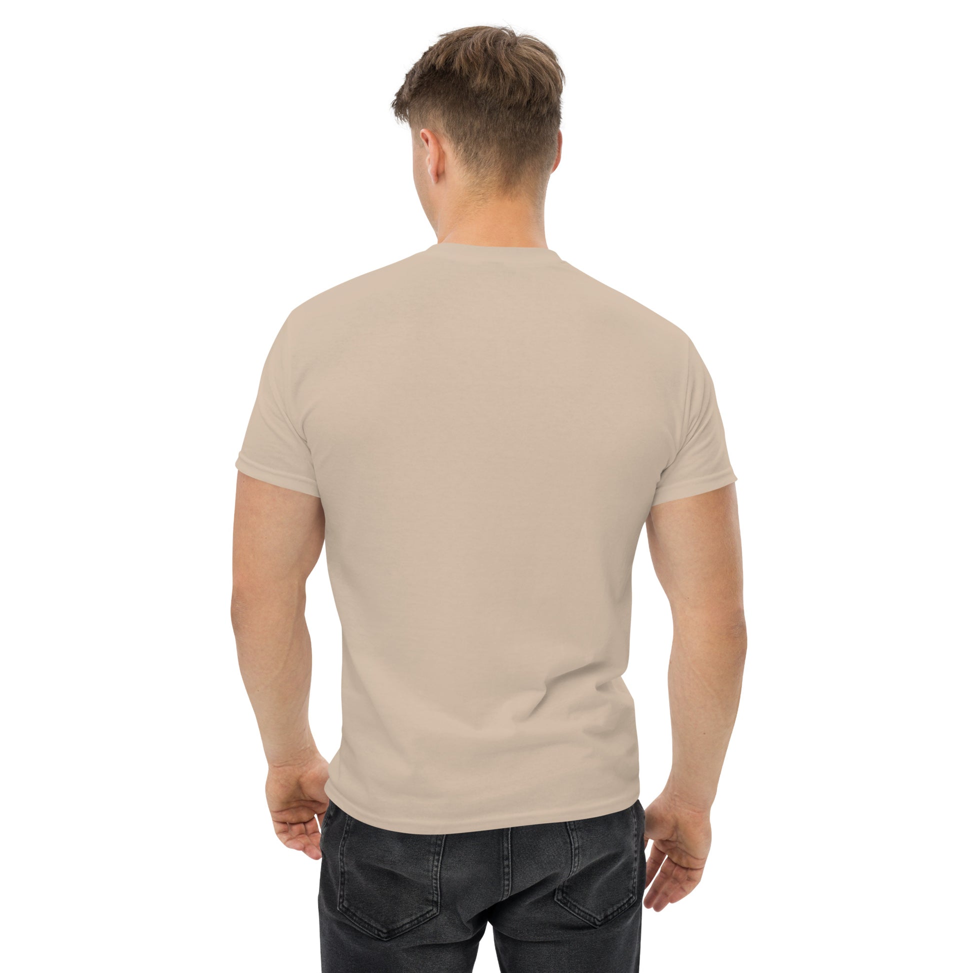 Unisex t-shirt with 'Mountain Man Moves' slogan, styled for outdoor adventures and dance challenges – set against a bold, mountainous backdrop.