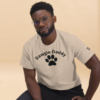 Unisex Classic Tee - Premium Cotton Blend with Classic Fit in Sand - Comfortable Regular Fit with Short Sleeves - Perfect for Dog Walks, Pet Parenting and Casual Wear featuring the words Dawgie Daddy and a Paw Print - wee b00gie store
